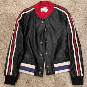 Gucci Black Leather Bomber Jacket with Red, White and Blue Accents
